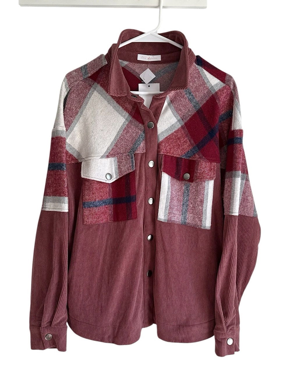 Cos Femme Rose Violet Plaid Collared Corduroy Shacket Size Small NWT